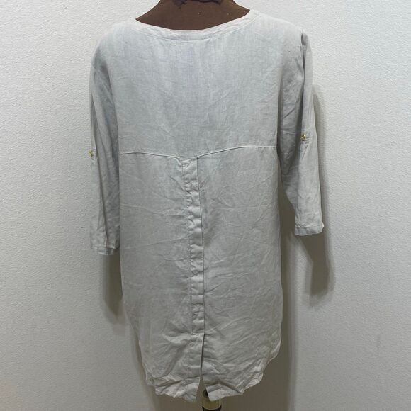 Ellen Tracy Cream Scoop Neck 1/4 Zip Linen Blouse Top Roll Tab 3/4 Sleeve Size L - Picture 7 of 12